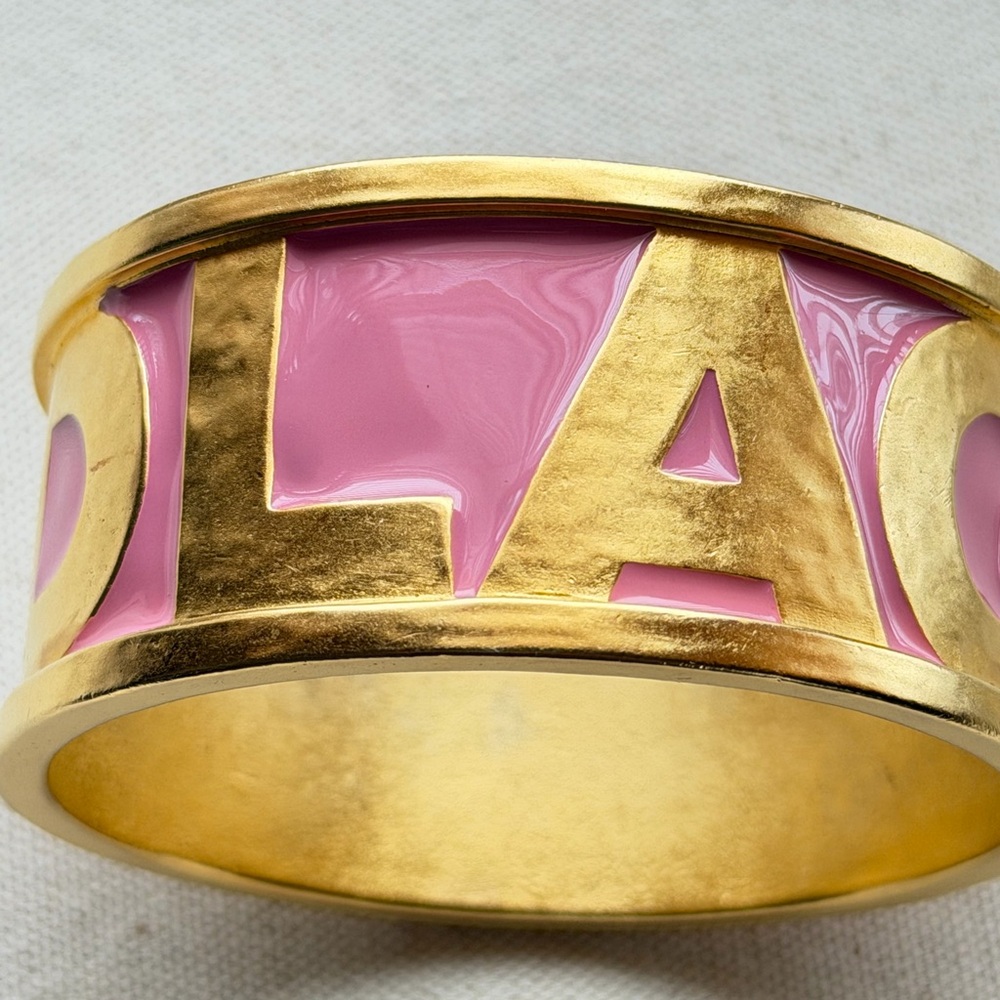 Karl Lagerfeld 80s Vintage Pink Enamel Gold Logo Letters Bangle Bracelet 8” - Picture 4 of 17